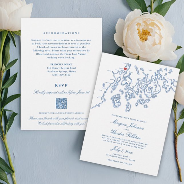 French's Point Maine All-in-One QR Code Wedding Invitation (French's Point Maine All-in-one QR code RSVP Wedding Invitation with navy blue Stockton Springs map)
