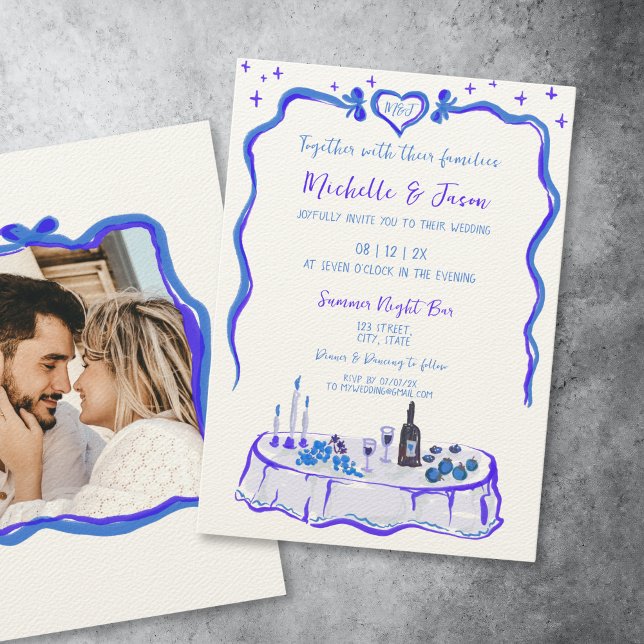 Frenhch Blue Retro Whimsical Hand Drawn Bow Photo Invitation (whimsical hand drawn french blue dinner table with bow frame for your wedding invitation)