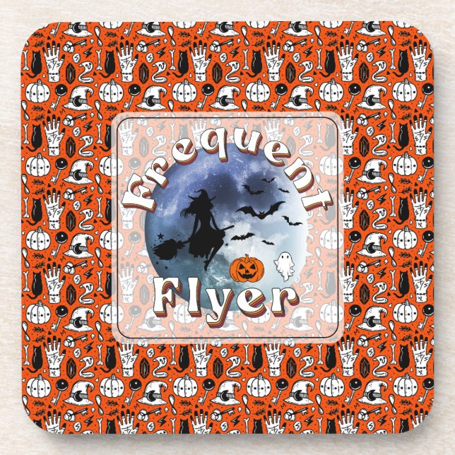 Frequent Flyer Halloween Witch Riding Broomstick Coaster (Front)