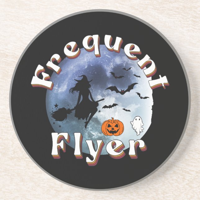 Frequent Flyer Halloween Witch Riding Broomstick Coaster (Front)