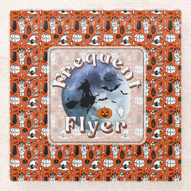 Frequent Flyer Halloween Witch Riding Broomstick Glass Coaster (Front)