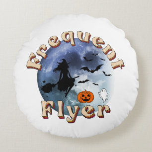 Frequent Flyer Halloween Witch Riding Broomstick Round Cushion