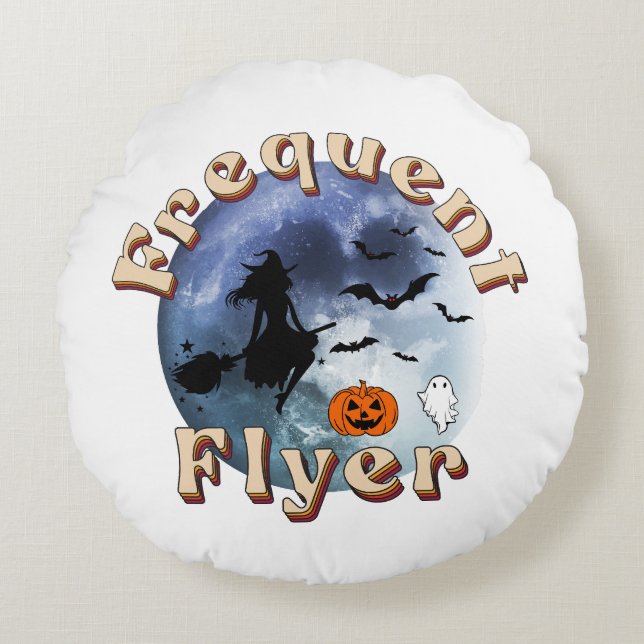 Frequent Flyer Halloween Witch Riding Broomstick Round Cushion (Front)