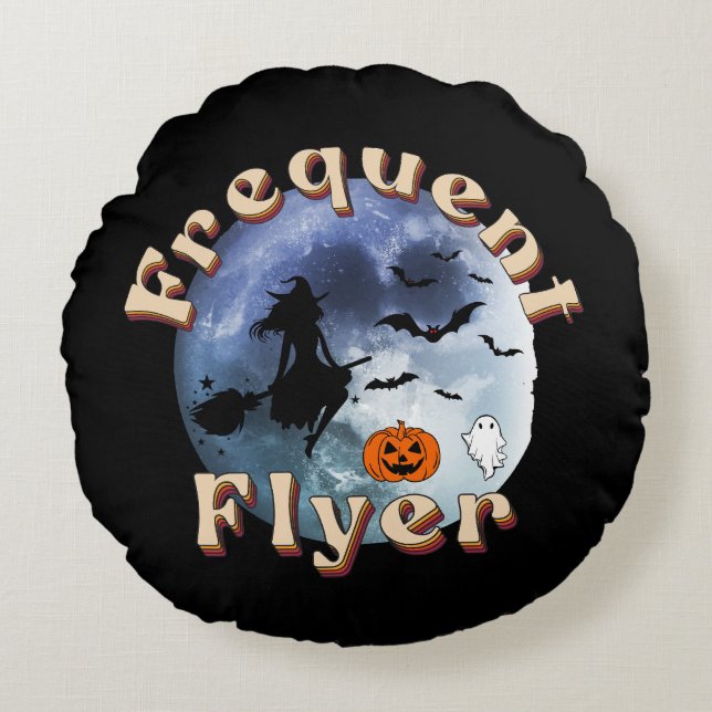 Frequent Flyer Halloween Witch Riding Broomstick Round Cushion (Front)