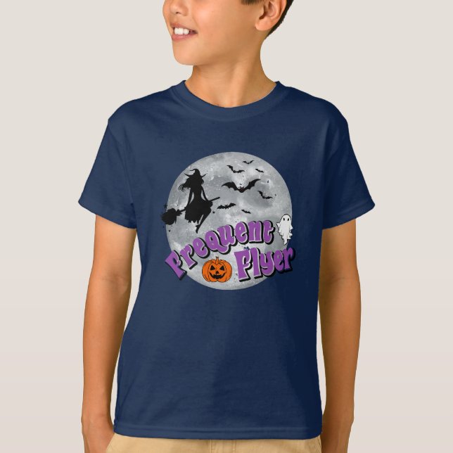 Frequent Flyer Halloween Witch Riding Broomstick  T-Shirt (Front)