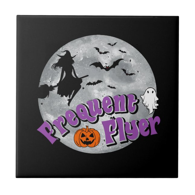 Frequent Flyer Halloween Witch Riding Broomstick  Tile (Front)
