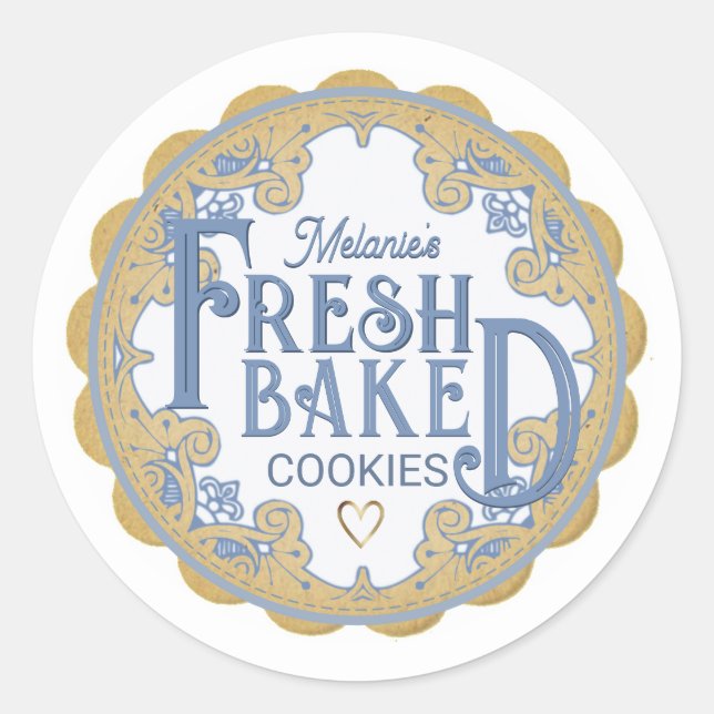 FRESH BAKED Cookies Heart and Kraft Scallop Border Classic Round Sticker (Front)