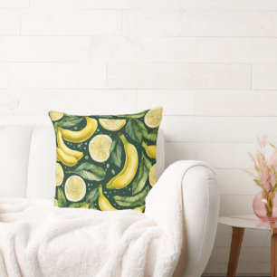 Fresh Bananas and Lemon Slices Watercolor Art  Cushion