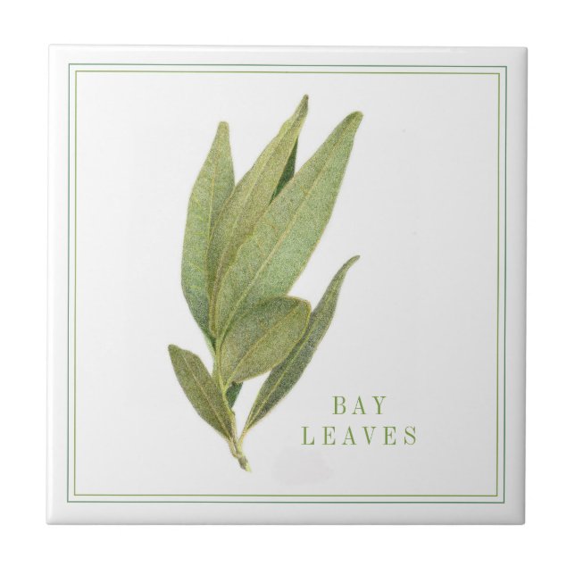 FRESH BAY LEAVES 4.25x4.25 Ceramic Tile (+text) (Front)
