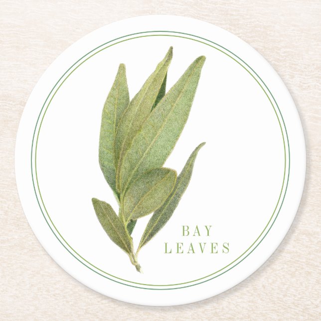 FRESH BAY LEAVES Round Paper Coasters (+text) (Front)