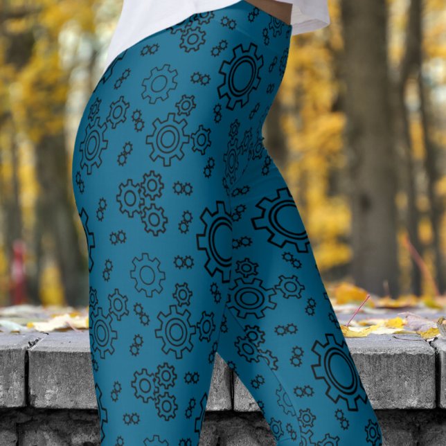 Fresh Blue Ocean Cogs Pattern Leggings (Cogs on Ocean Blue Leggings)