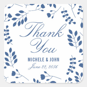 Fresh Blue White Botanical Thank You Favour Sticke Square Sticker