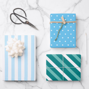 Fresh Blue White Stripes and Dots Wrapping Paper Sheet