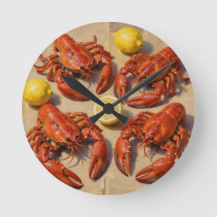 Fresh Boiled Lobster Lemon Newspaper Feast Round Clock