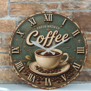 Fresh Brewed Coffee Rustic Farmhouse Large Clock