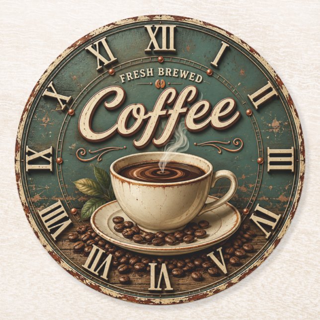Fresh Brewed Coffee Rustic Farmhouse Round Paper Coaster (Front)