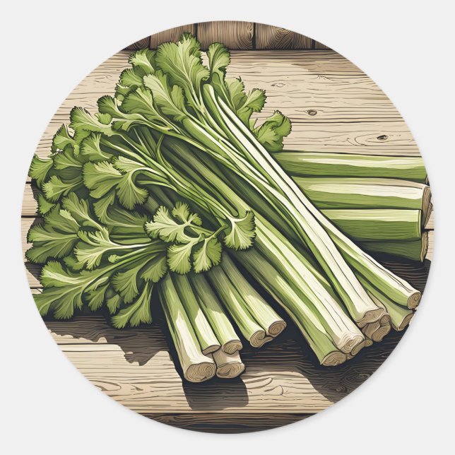 Fresh Celery Bunch on Wood Classic Round Sticker (Front)