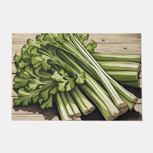 Fresh Celery Bunch on Wood Doormat