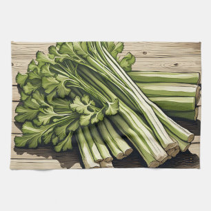 Fresh Celery Bunch on Wood Tea Towel