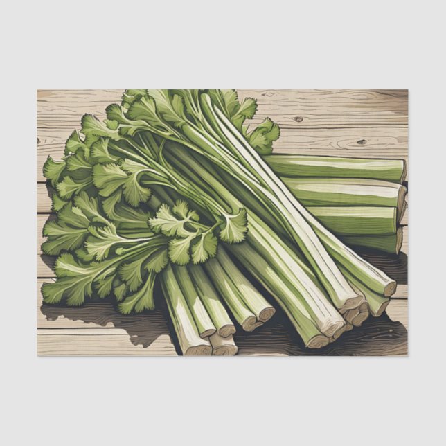 Fresh Celery Bunch on Wood Tissue Paper (Front)