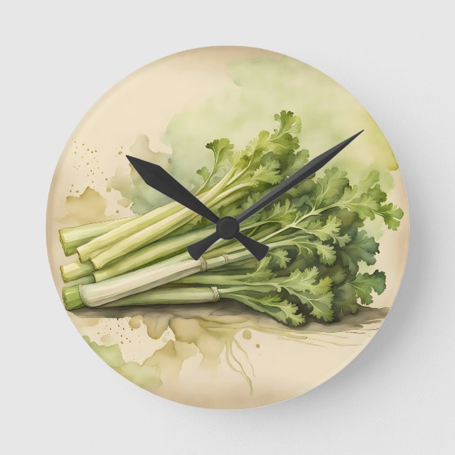 Fresh Celery Bunch Watercolor Round Clock (Front)
