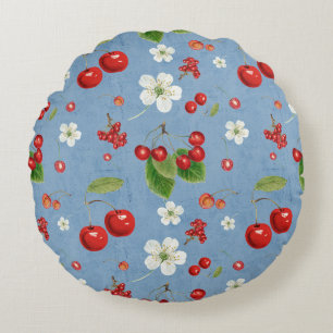 Fresh Cherry Harvest & Blossom Pattern Round Cushion