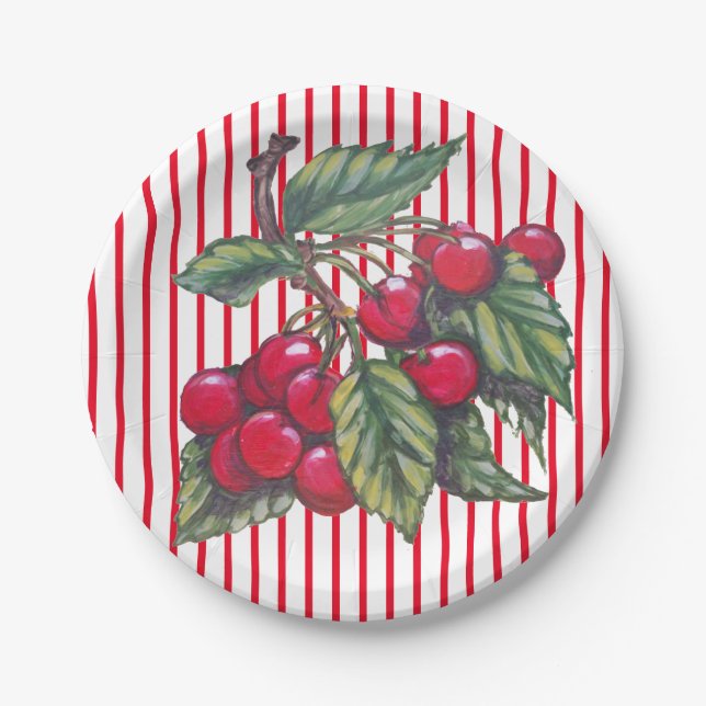 Fresh Cherry Red White Stripe Summer Dessert Paper Plate (Front)