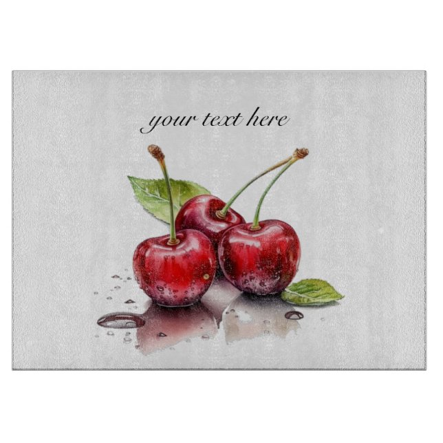Fresh Cherry Trio in Watercolor, custom Cutting Board (Front)