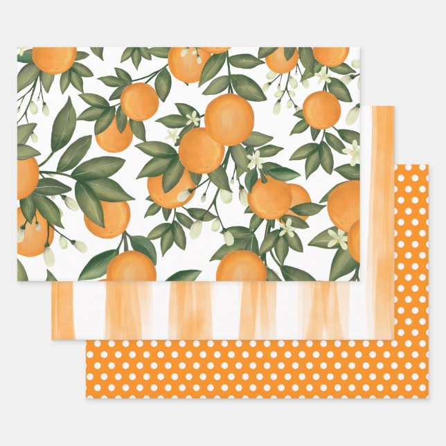 Fresh Citrus Orange Summer Botanical Greenery Wrapping Paper Sheet (Set)