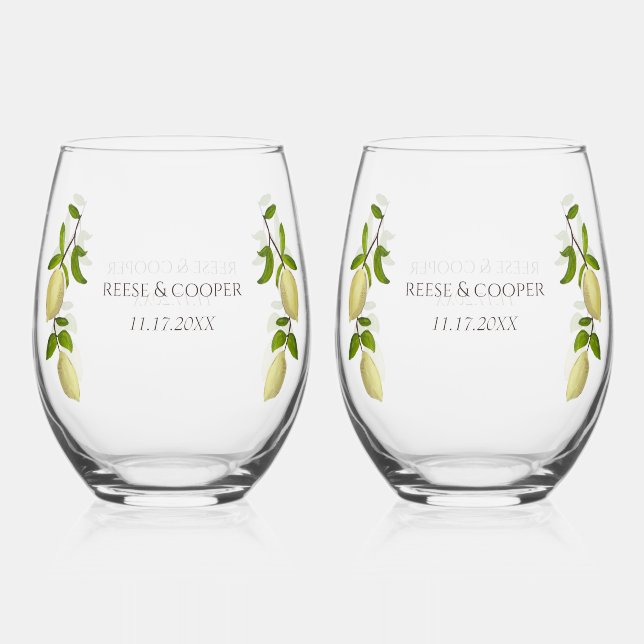 Fresh Citrus Painted Lemons Modern Mediterranean Stemless Wine Glass (Front)