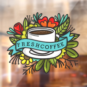 Fresh Coffee Floral Design Coffee Shop Window Cling