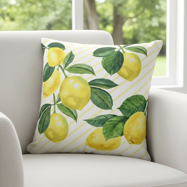 Fresh country rustic lemon watercolor pinstripes cushion (Creator Uploaded)