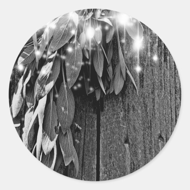 Fresh-cut Sage Barn-wood Grayscale Twinkle Lights Classic Round Sticker (Front)