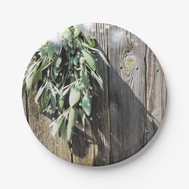 Fresh-cut Sage Barn-wood Twinkle Lights Paper Plate (Front)