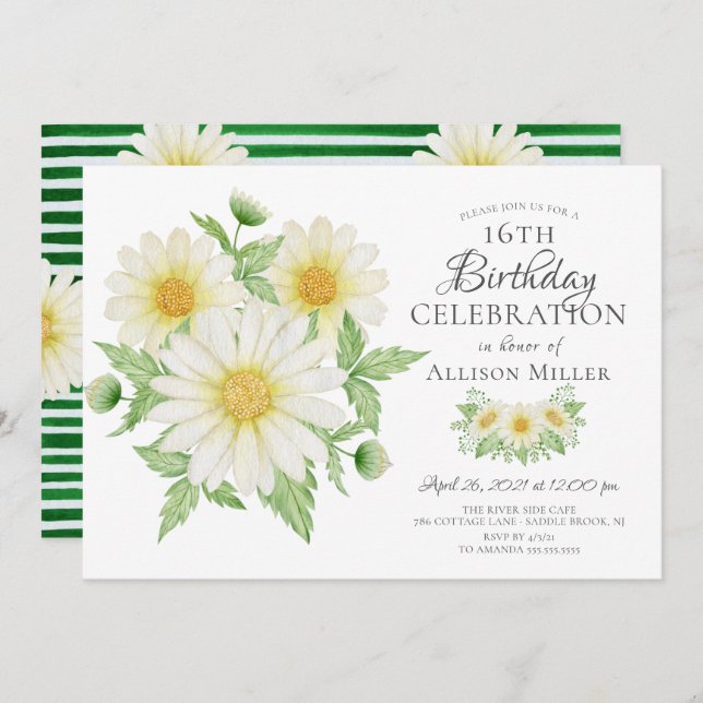 Fresh Daisy Floral 16th Birthday  Invitation (Front/Back)