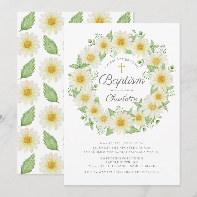 Fresh Daisy Floral Girls Baptism Invitation (Front/Back)