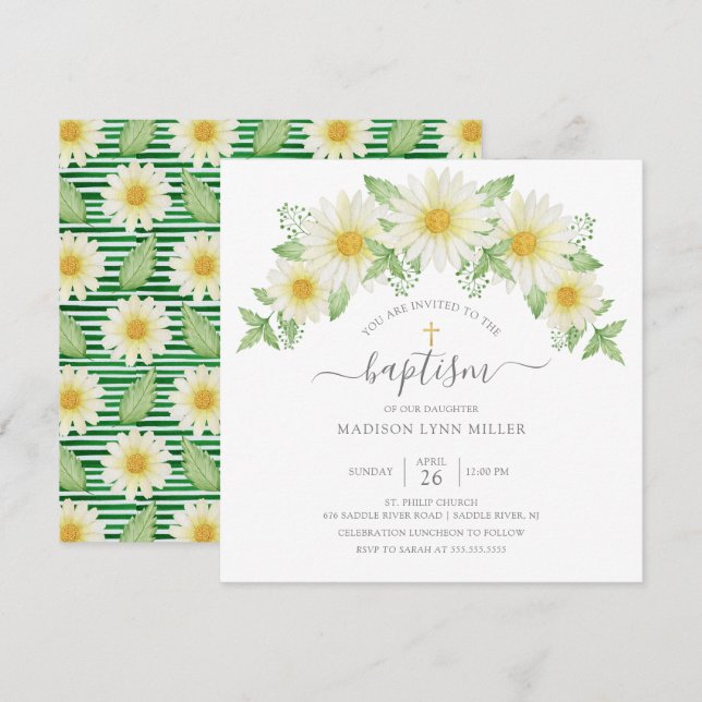 Fresh Daisy Rose Floral Baptism Invitation (Front/Back)