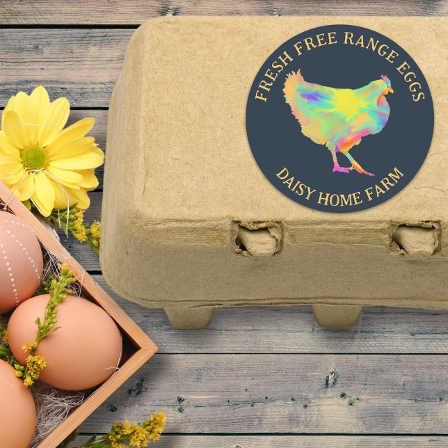 Fresh Eggs Chicken Business Personalised Classic Round Sticker (Fresh free range chicken egg box stickers with personalized business name colorful hen)