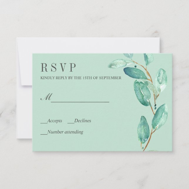 Fresh Eucalyptus Aqua Leaves Wedding RSVP (Front)