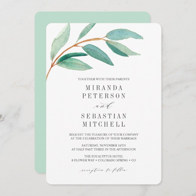 Fresh Eucalyptus Branch Leaves Botanical Wedding Invitation (Front/Back)