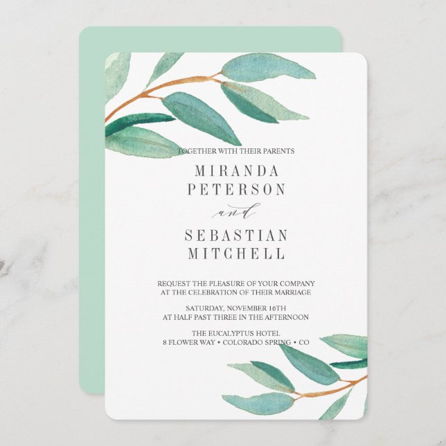 Fresh Eucalyptus Branches Leaves Botanical Wedding Invitation (Front/Back)