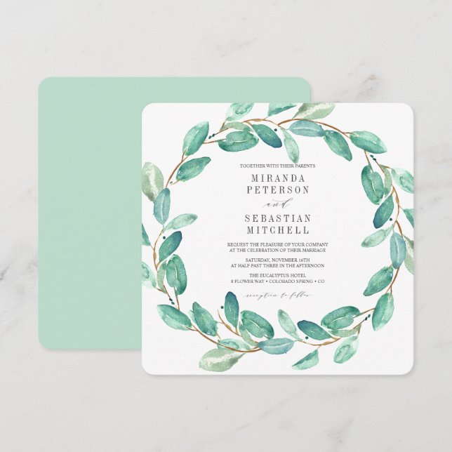 Fresh Eucalyptus Leaves wreath Botanical Wedding Invitation (Front/Back)