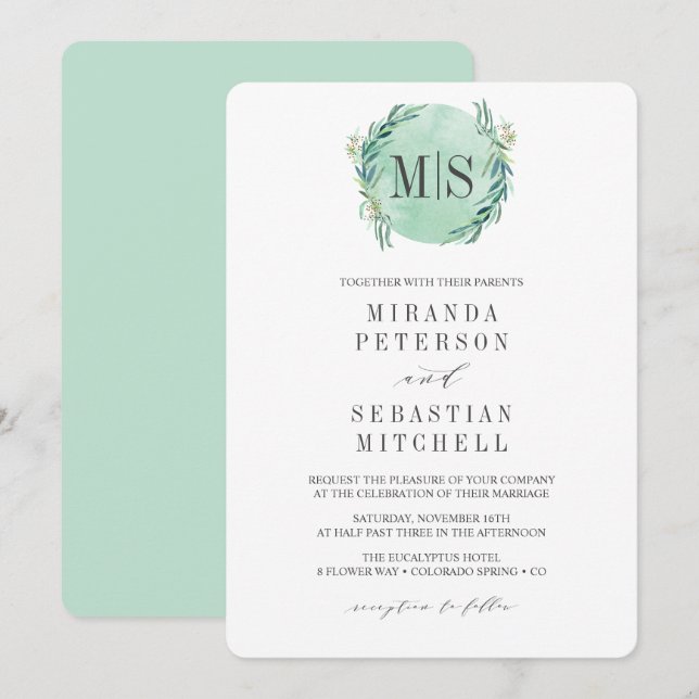 Fresh Eucalyptus Monogram Botanical Wedding Invitation (Front/Back)