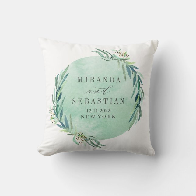 Fresh Eucalyptus Monogram Wedding keepsake Cushion (Front)