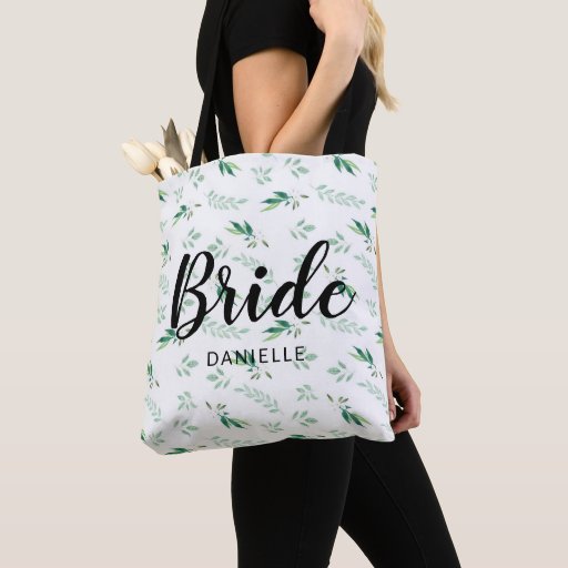 Image of Fresh Foliage Botanical Pattern Bride Monogrammed Tote Bag