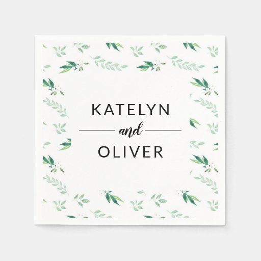 Image of Fresh Foliage Botanical Pattern Wedding Monogram Disposable Napkin