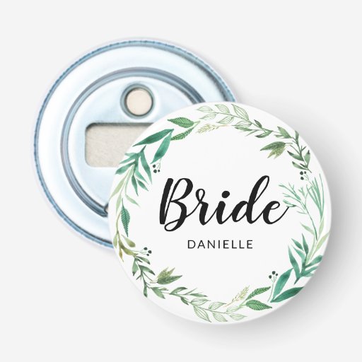 Image of Fresh Foliage Botanical Wreath Bride Monogrammed Bottle Opener