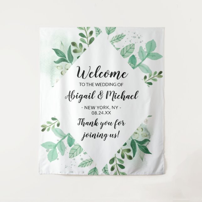 Fresh Foliage Mint Botanical Wedding Welcome Sign Tapestry (Front)