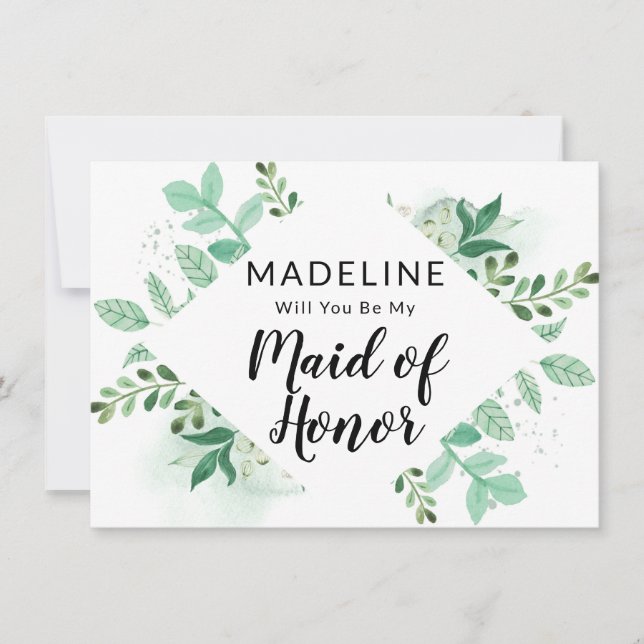 Fresh Foliage Mint Maid of Honour Proposal Card (Front)