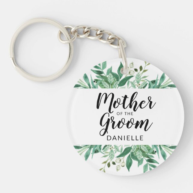 Fresh Foliage Mother of the Groom Monogrammed Key Ring (Front)